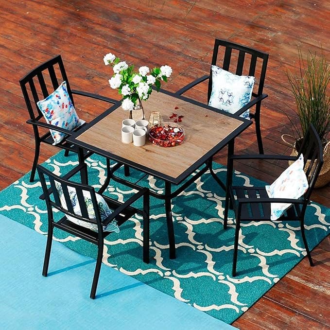 PHI VILLA 5 Pieces Outdoor Dining Set for 4, 37" Square Metal Table with Polywood Top & Stackable Wrought Iron Chairs, Outside Furniture Set for Patio, Deck, Backyard, Porch