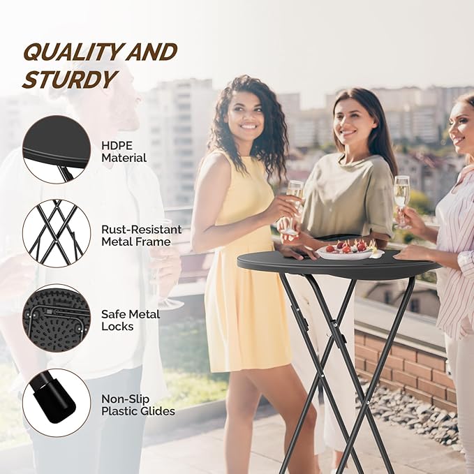 VINGLI 24" Plastic Folding Round Table Bar Height, HDPE Matrial with Gray Metal Finish, High Top Table for Outdoor Party, Cafes, Restaurants, Backyard, Dining Room, Wedding Event,1 Pack, Black