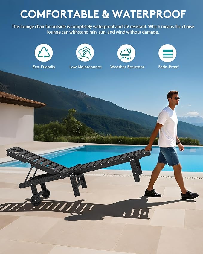 SERWALL Outdoor Chaise Lounge Set of 2 with 9FT Umbrella, HDPE Pool Lounge Chair with 5-Position Adjustable Backrest, Patio Lounger with Rolling Wheels & Cup Holder for Pool, Black