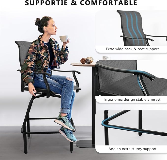LEVELEVE Patio Bar Set 2pcs Swivel Bar Stools Outdoor Bistro Textilene Furniture Stability All-Weather Set with Height Table (2, Grey Fabric)