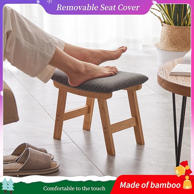 Foot Stool,Ottoman,Bamboo Small Sofa Foot Rest Under Desk,Extra Seating for Living Room, Bedroom and Kitchen (Natural Stool Legs - Gray Surface)
