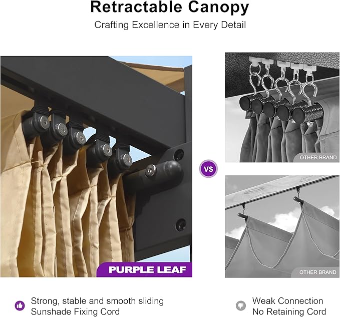 PURPLE LEAF 10' x 10' Aluminum Outdoor Pergola Modern Grape Trellis Retractable Pergola with Double Sun Shade Canopy Metal Pergola with Light for Patios Backyard Deck Garden, Khaki