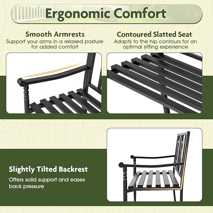 Giantex Metal Outdoor Bench with Backrest, Curved Armrests, Non-Slip Foot Pads, Slatted Seat for 2-3 Persons, Load 660lbs, Loveseat, Patio Bench for Garden, Yard, Poolside, Lawn, Porch, Park, Black