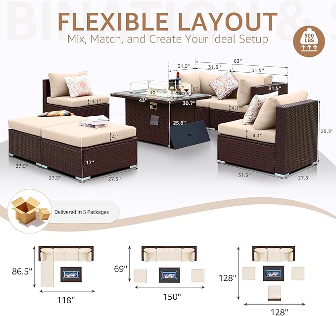 NICESOUL 7 Piece Outdoor Patio Sectional Furniture Set with Fire Pit Natural Gas/Propane, Large Size Comfortable Conversation Sets, 29.3'' High Back Deep Seat Sofa, Brown Rattan and Beige Cushion
