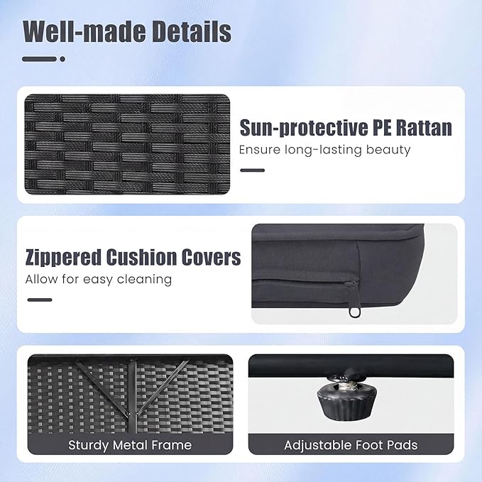 HAPPYGRILL Patio Rattan Wicker Daybed with Loveseat & Storage Ottoman, Outdoor Lounge Sofa Furniture Set with Adjustable Backrest & Side Trays, for Poolside Deck Porch Lawn (Black & Gray)