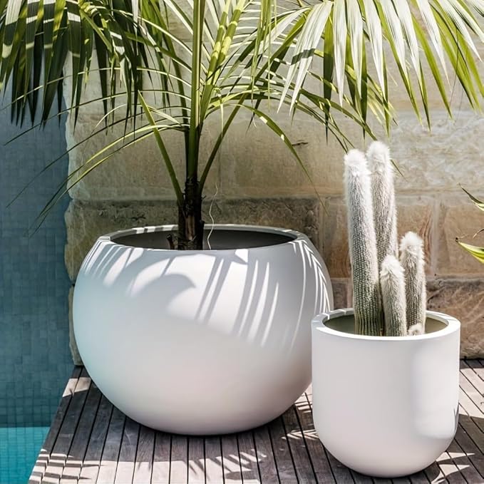 13.5 H x 17" Dia (12" Pot Opening) Round Fiberstone Planter with Drainage Hole, White, Indoor/Outdoor Large Plant Pot for Home Patio Garden, Ideal for Large Plants