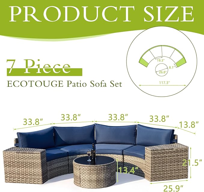 ECOTOUGE 7 Piece Outdoor Half Moon Furniture, Wicker Patio Sectional Conversation Set with 2 Storage Armrests and Circle Glass Table, Gray Rattan Curved Sofa for Garden, Balcony and Back Yard (Blue)