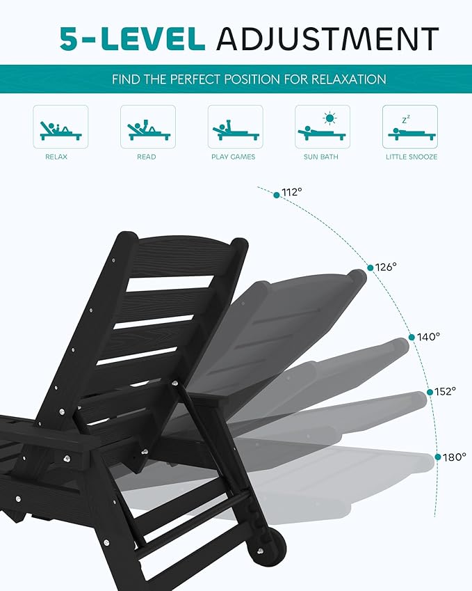 SERWALL Patio Chaise Lounge Chair Set of 6, 5 Positions Adjustable Poly Outdoor Lounger for Pool, HDPE Lounge Chair with Rolling Wheels & Cup Holder for Poolside, Deck, Obsidian Black