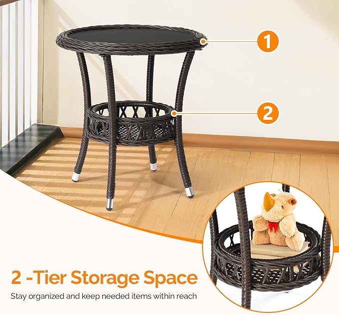 VINGLI Outdoor Wicker Side Table, Patio Side Tables for Outside Tempered Glass Top Wicker Table with Storage End Table for Balcony Porch Deck (Dark Brown)
