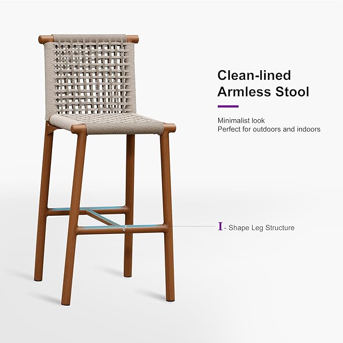 PURPLE LEAF Outdoor Bar Stools Set of 4 Aluminum Counter Height Wicker Stool with Back for Backyard Pool Lawn Kitchen Patio Metal Barstool Chairs Teak