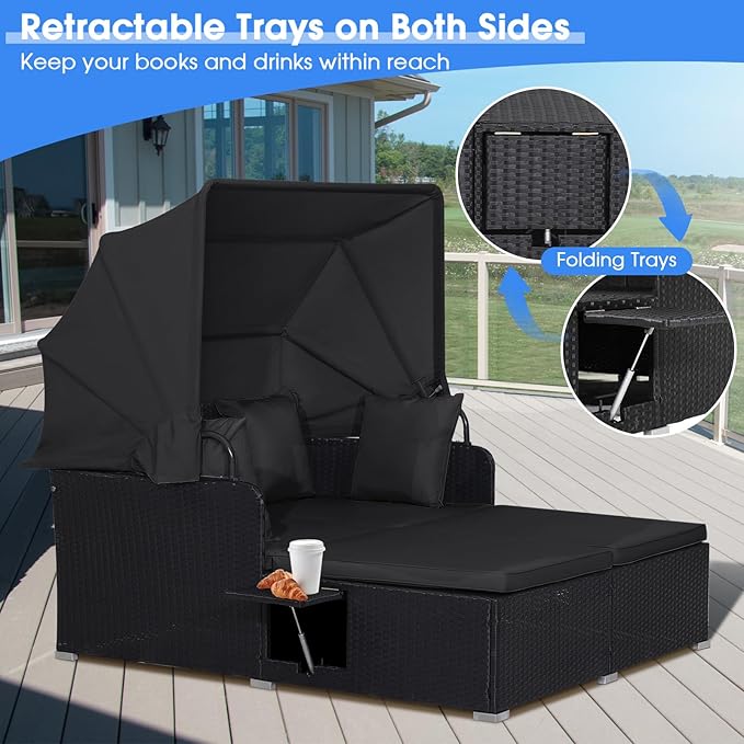 RELAX4LIFE Patio Outdoor Daybed with Canopy, Wicker Sunbed w/Cushions, 4 Pillows & 2 Retractable Side Trays, 2-Person Lounge Bed Conversation for Poolside Porch Garden, Rattan Outdoor Bed (Black)