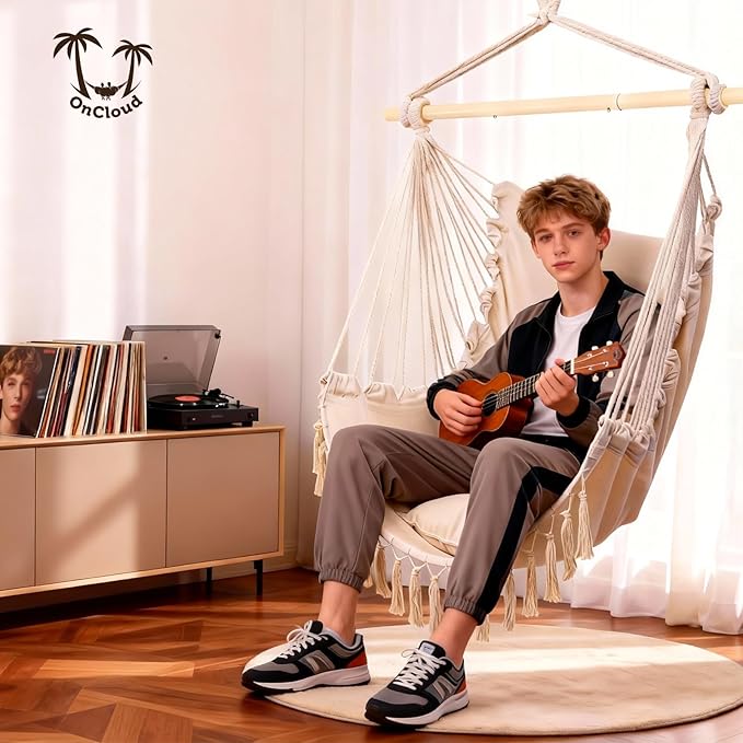 ONCLOUD Hammock Chair Hanging Rope Swing, Load Capacity Up to 550 LBS Macrame Hammock Swing Seat with Two Cushions, Hammock Seats with Portable Steel Spreader Bar for Indoor/Outdoor, Beige