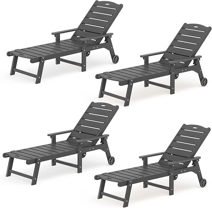 LUE BONA Outdoor Chaise Lounge Chairs Set of 4, HDPS Chaise Lounger, 5 Positions Adjustable Lounge Chairs, Pool Lounge Chair with Wheels for Poolside, Dark Gray
