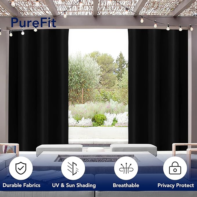 PureFit Outdoor Curtains for Patio Waterproof Weatherproof, UV Resistant Outside Curtains for Gazebo, Front Porch, Pergola, Sun Blocking Privacy Curtain, 52W x 108L inch, 1 Panel, Black