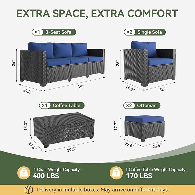 Aoxun 8 Piece Outdoor Patio Furniture Set 7 Seats, Outdoor Sectional with Thick Waterproof Cushions & Storage Coffee Table, Patio Conversation Sets for Garden,Backyard, Porch, Balcony, Deck, Blue