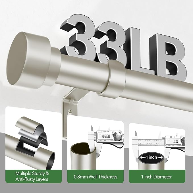 Curtain Rods for Windows 32 to 170, 1 Inch Adjustable Heavy Duty Long Window Outdoor Curtain Rod for Patio, Drapery Rods with Simple End Caps, Size 32"-170", Brushed Nickel