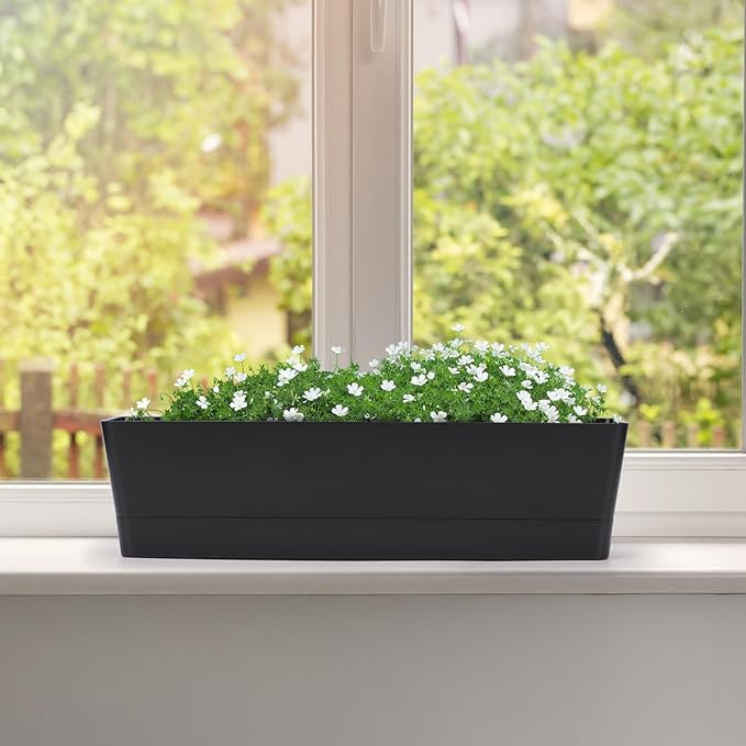 GREANER Rectangle Window Boxes, 6PCS 16x3.8 Inch Black Herb Planters with RemovableTray and Drainage Hole, Succulent Flowers Plastic Pot for Balcony, Office, Windowsill, Garden, Outdoor Decoration Use