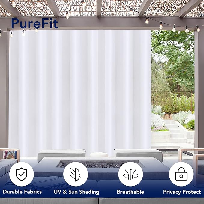 PureFit Outdoor Curtains for Patio Waterproof Weatherproof, UV Resistant Outside Curtains for Gazebo, Front Porch, Pergola, Sun Blocking Privacy Curtain, 150W x 95L inch, 1 Panel, White