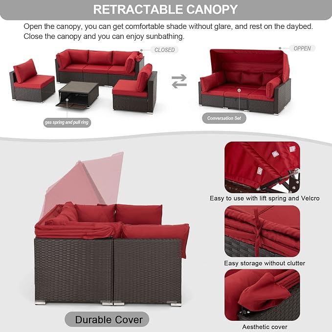 Vicluke 6 Pieces Patio Conversation Sets, Rectangle Wicker Daybed with Canopy, Adjustable Backrest, Storable Tea Table, Outdoor Sunbed for Backyard Garden Poolside(Wine Red)