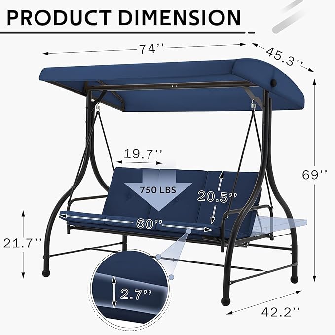 U-MAX Porch Swing with Cover, Patio Swing with Adjustable Backrest&Canopy 3 Seat Outdoor Swing with Canopy 2-in-1 Convertible Patio Daybed with Removable Blue Cushions
