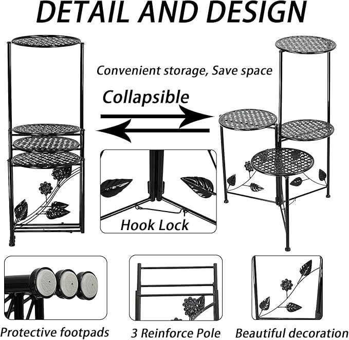 Plant Stand Indoor Outdoor, 3/4 Tier 30" Tall Metal Flower Pot Holder Shelves for Multiple Plants, Multi Tiered Planter Rack Display Shelf for Patio Garden Living Room Corner(Black)