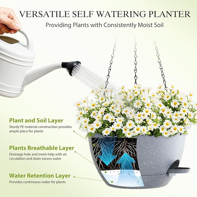 12 Inch Hanging Baskets 2 PC with Chains, Self-Watering Hanging Planters for Indoor Outdoor Plants, Plastic Hanging Flower Pots,Speckled Grey