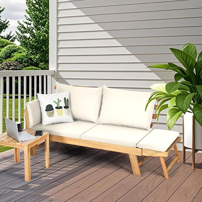 S AFSTAR Patio Convertible Couch Sofa Bed, Acacia Wood Chaise Lounger with Adjustable Armrest, Cushion & Pillows, Outdoor Daybed Loveseat Furniture for Backyard, Garden, Poolside, Porch