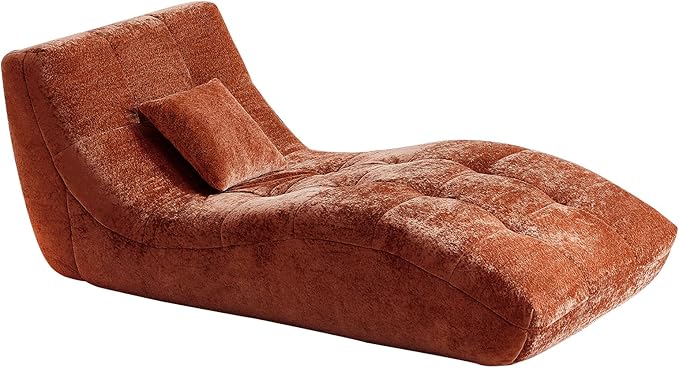 Chaise Lounge Chair with Curved Back, Modern Upholstered Recliner Sofa, Tufted Accent Lounger Comfortable Lazy Chair for Bedroom, Apartment (Orange)