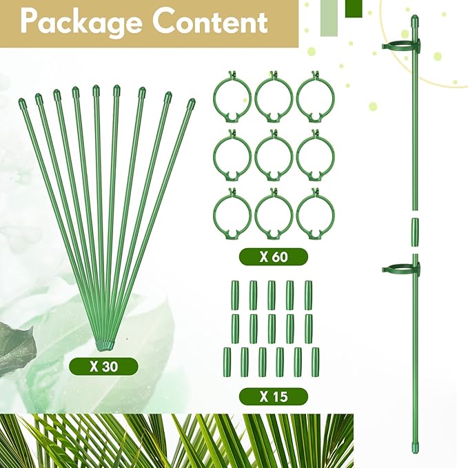 meekoo 30 Pcs Adjustable Garden Plant Support Stakes Single Stem Plant Cage Support Rings with Clips and Connect Pipe for Orchid Rose Tomato, 12 Inch (Green)