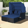 ORALNER Outdoor Daybed, 2-Person Wicker Patio Sofa with Retractable Canopy, Cushions & Pillows, 2 Side Trays, PE Rattan Sunbed Double Lounger for Deck Poolside Garden Balcony (Navy)