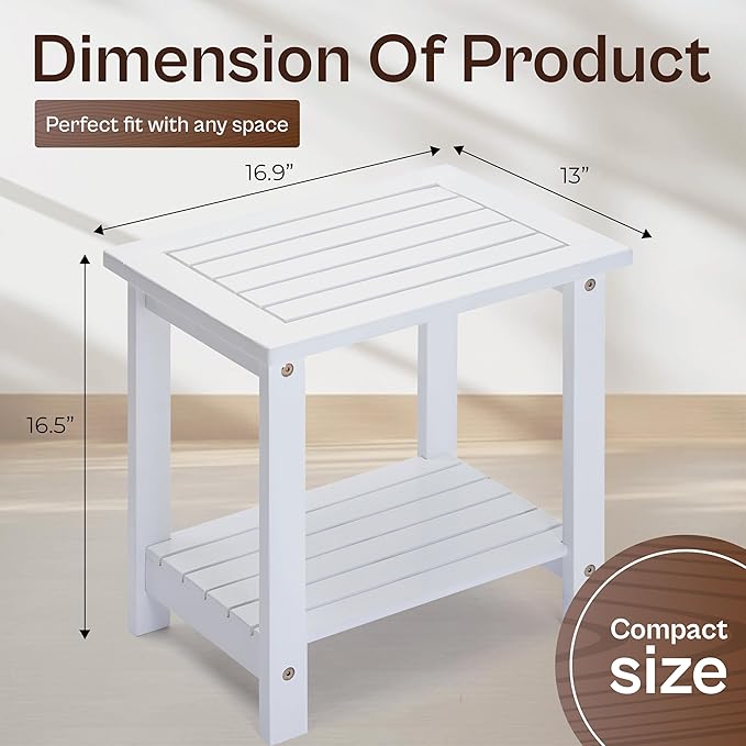 Outdoor Side Table, 2-Tier Acacia Wood End Table for Patio & Indoor Use, Small Rustic Accent Table for Covered Porch, Balcony, Living Room (White)