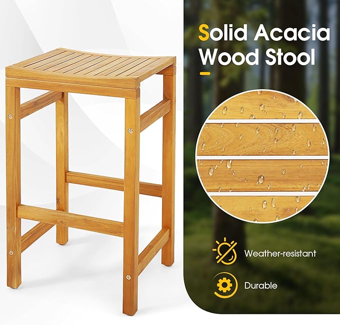 Tangkula 5 Piece Outdoor Acacia Wood Bar Table Set, 45" Rectangular High Top Table with 4 Saddle Seat Bar Height Stools, Space-Saving Patio Dining Set for 4, for Deck, Garden and Porch