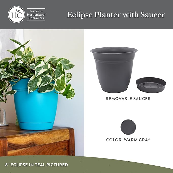 The HC Companies Eclipse Round Planter with Saucer - Outdoor & Indoor Plant Pot with Drainage Holes - Lightweight, UV-Resistant Plastic Pots for Plants, Flowers & Herbs (12" Warm Gray, Pack of 1)