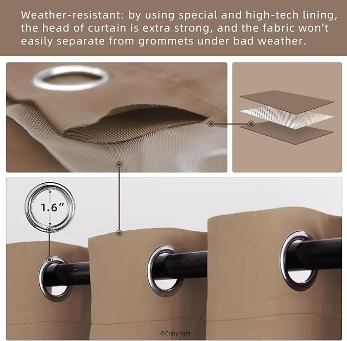 DIVA EN CAMINO DEC Outdoor Patio Curtain Waterproof Darkening Thermal Insulated Indoor Curtains for Bedroom, Porch, Living Room, Pergola, Cabana, W52 x L72, Camel Brown, Set of 2 Panels