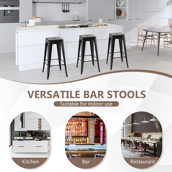 COSTWAY Bar Stools Set of 4, 30” Bar Height Metal Stools with Rubber Footpads & Handling Hole, X-Shaped Reinforced Design, Stackable Stools, for Kitchen, Dining Room, Pub (Black, 30‘’)