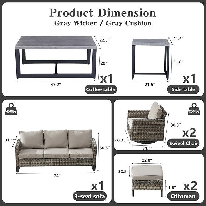 Belord 7 Piece Outdoor Furniture Patio Wicker Sofa Set, Oversize Outdoor Swivel Rocker Chairs with Rattan Ottomans, Conversation Sets Patio Furniture Come with Removable Washable Cushion Grey