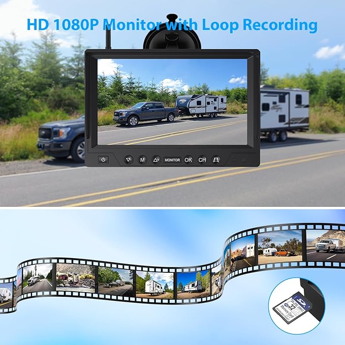 9 Inch Magnetic Solar Wireless Backup Camera System, 9600mAh Solar Rechargeable RV Backup Camera Wireless with HD1080P 9" Loop Recording Monitor for Trailer RV Trucks, BL901