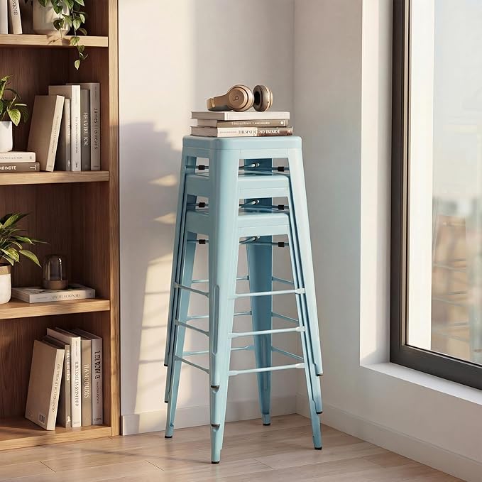 Shahoo 30 Inches Metal Bar Stools Counter Height Stackable Backless Stools, Industrial Patio Stools Indoor Outdoor Metal Kitchen Stools Set of 4 (Blue, 30'')