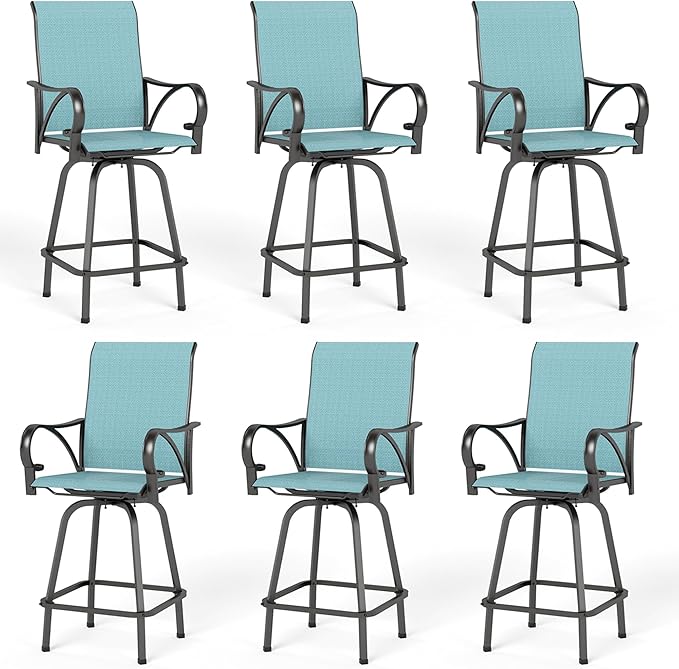 MFSTUDIO Outdoor Bar Stools Set of 6, Swivel Bar Height Patio Chairs Outdoor Barstools High Top Patio Swivel Bar Chairs with Armrest, Breathable Textilene, Turquoise Blue