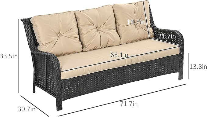 Outsunny 3-Seater Outdoor Sofa with 4" Thick Padded Cushions, PE Rattan Patio Outdoor Couch with Curved Armrests for Sunroom, Garden, Poolside, Beige