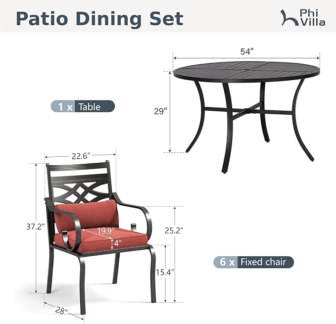 PHI VILLA 7 Pieces Outdoor Dining Set for 6, 54" Round Black Metal Table with Umbrella Hole & Wrought Iron Chairs, Large Outside Furniture with Red Cushions & Pillows for Patio, Deck, Porch