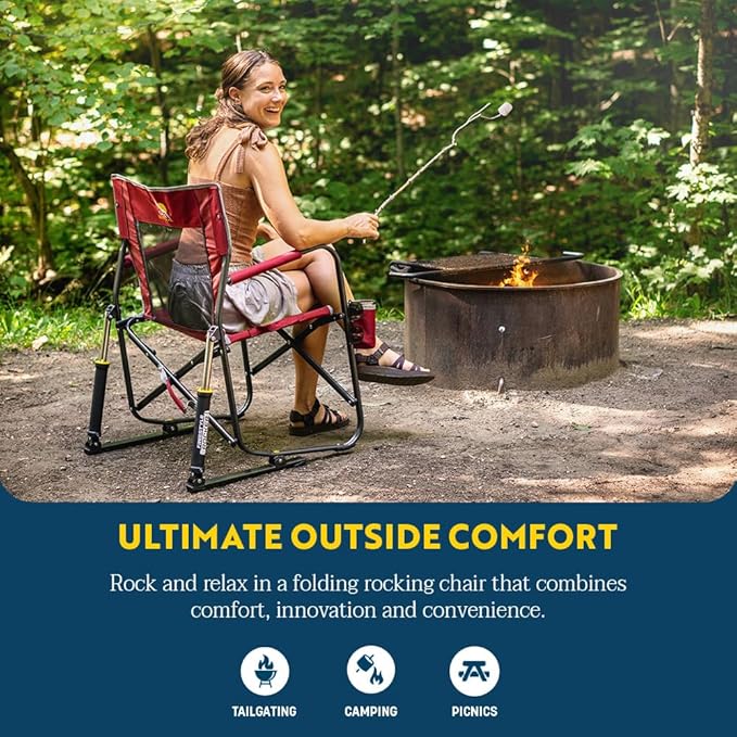 GCI Outdoor Freestyle Rocker Camping Chair | Portable Folding Rocking Chair with Solid, Durable Armrests, Drink Holder & Comfortable Backrest — Grey