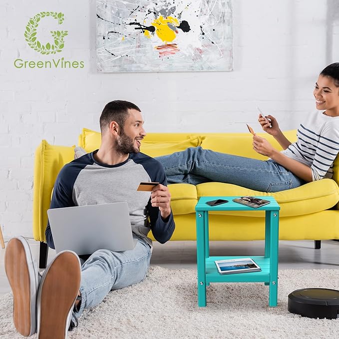 GREENVINES Adirondack-Outdoor-Side-Table | Set of 2 | 14 x 13 Inches | HDPE Plastic | All Weather | Aqua | Outside End Tables | Storage Shelf | for Patio Porch Backyard Indoor
