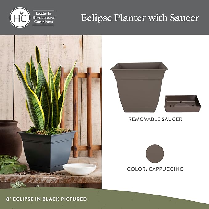 The HC Companies 8 Inch Eclipse Square Planter Pots with Drainage Holes & Attached Saucer, Lightweight UV-Resistant Plastic Indoor Outdoor Planters, 4-Pack Flower Pots, Garden Home Decor, Cappuccino