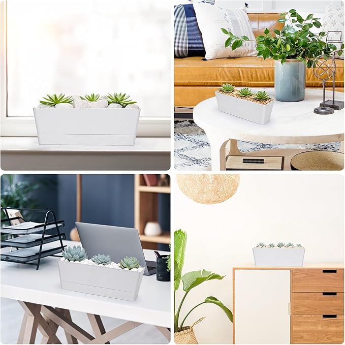 GREANER Herb Planter with Tray, 1 Pack 12x3.8 Inch Rectangle Window Box, Indoor Succulent Flowers Succulent Plastic Pot for Windowsill, Garden, Balcony, Office Outdoor Decoration - White