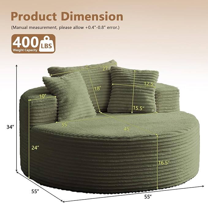 Oversized Round Chair Lounge Chaise Indoor, Upholstered Corduroy Deep Seat Cloud Large Circle Sofa Chair, No Assembly Required, Fluffy Modern Sleeper Sofa Bed for Reading, Living Room, Bedroom, Green