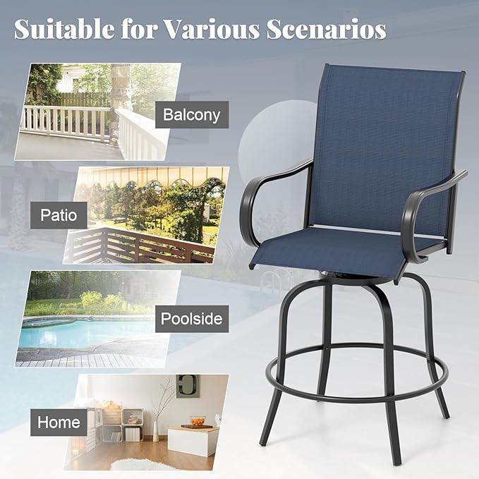 Giantex Set of 4 Swivel Outdoor Bar Stools, All-Weather Bar Height Patio Chairs, 330LBS Capacity, 360 Rotating Outside Bar Chairs with High Back Armrests, for Porch Yard Lawn Garden Pool (Navy)