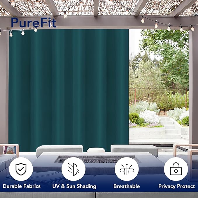 PureFit Outdoor Curtains for Patio Waterproof Weatherproof, UV Resistant Outside Curtains for Gazebo, Front Porch, Pergola, Sun Blocking Privacy Curtain, 100W x 120L inch, 1 Panel, Teal