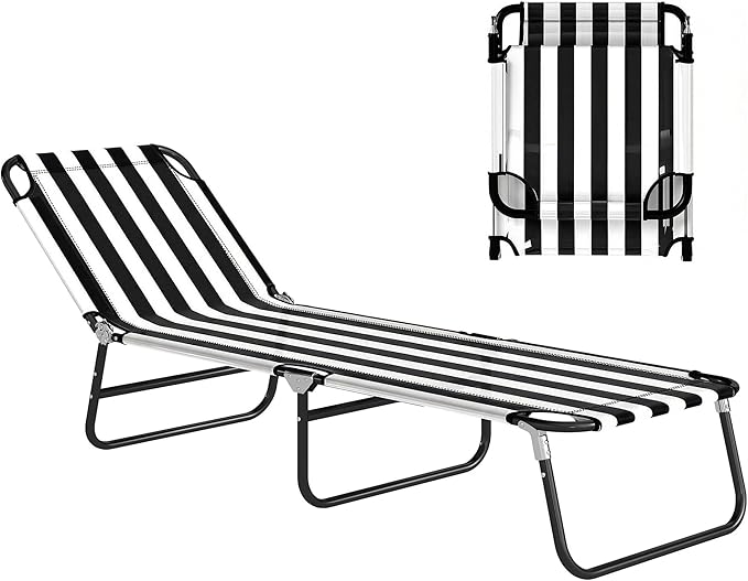 Outsunny Folding Chaise Lounge Pool Chairs, Outdoor Sun Tanning Chairs with 5-Level Reclining Back, Steel Frame for Beach, Yard, Patio, Black and White