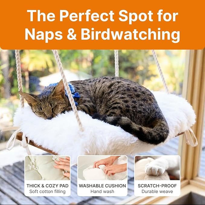 Large Cat Window Perch with Industrial-Grade Suction Cups - Solid Pine Wood Hammock Bed, Soft Cushion - 42 lb Capacity for Heavy Cats Inside